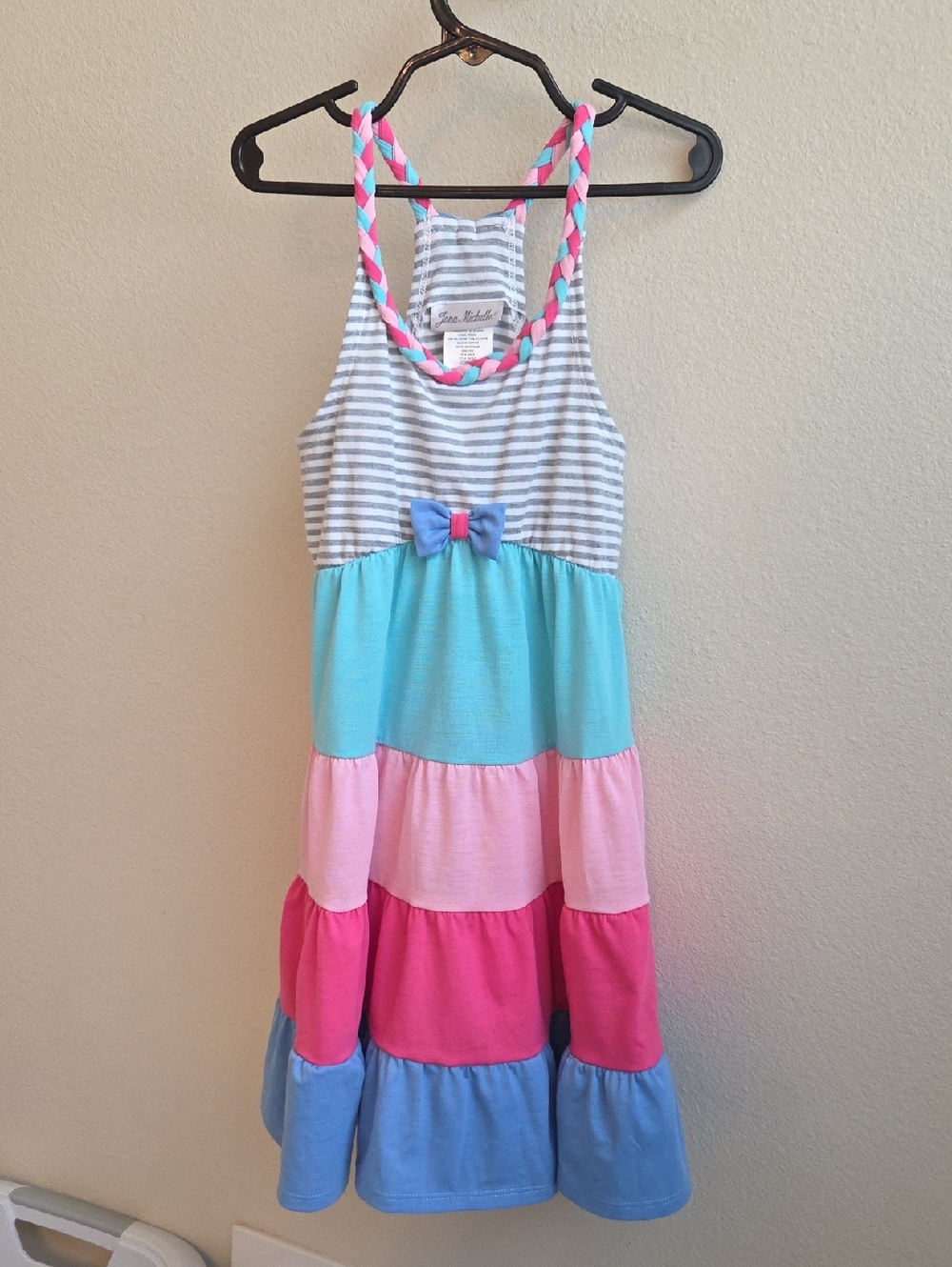 Jona Michelle Striped & Colorblock Tiered Sundress - Gray, Aqua, Pink, Blue